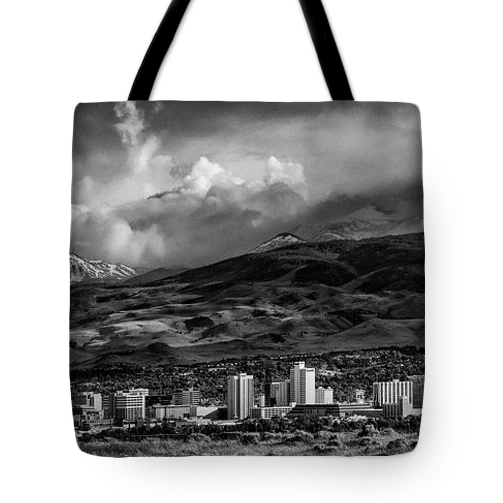 Reno Tote Bag featuring the photograph Reno Storm Black and White by Rick Mosher