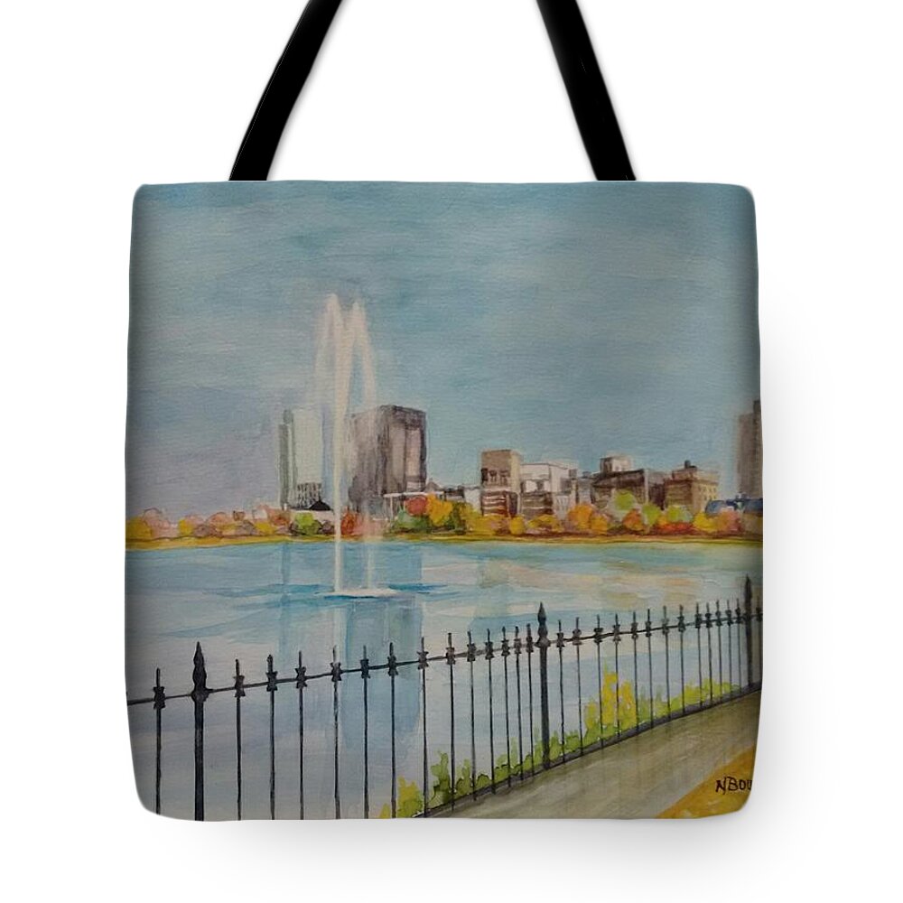 Watercolor Tote Bag featuring the painting Reservoir in Central Park by Nicolas Bouteneff