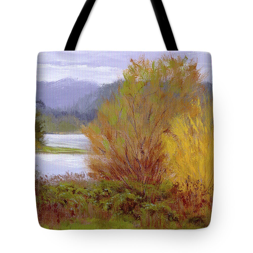Water Tote Bag featuring the painting Reservoir Spring by Karen Ilari
