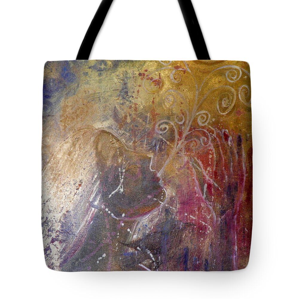Surreal Moon Stars Girt Hand Sky Gold Copper White Yellow Red Blue Orange Breath Universe Tote Bag featuring the painting Resonate by Ida Eriksen