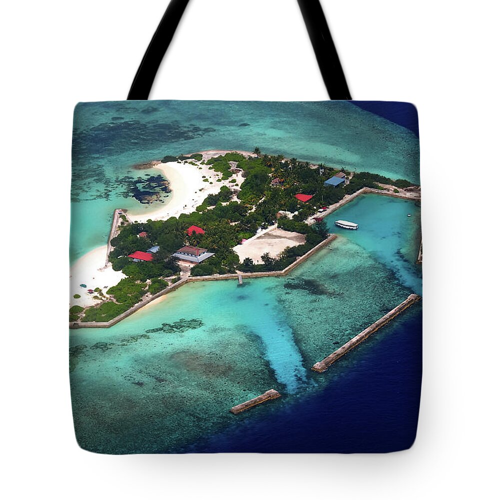Jenny Rainbow Fine Art Photography Tote Bag featuring the photograph Resort in the Ocean 2. Aerial Journey around Maldives by Jenny Rainbow