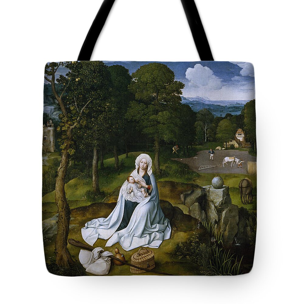 Joachim Patinir Tote Bag featuring the painting Rest during the Flight to Egypt by Joachim Patinir