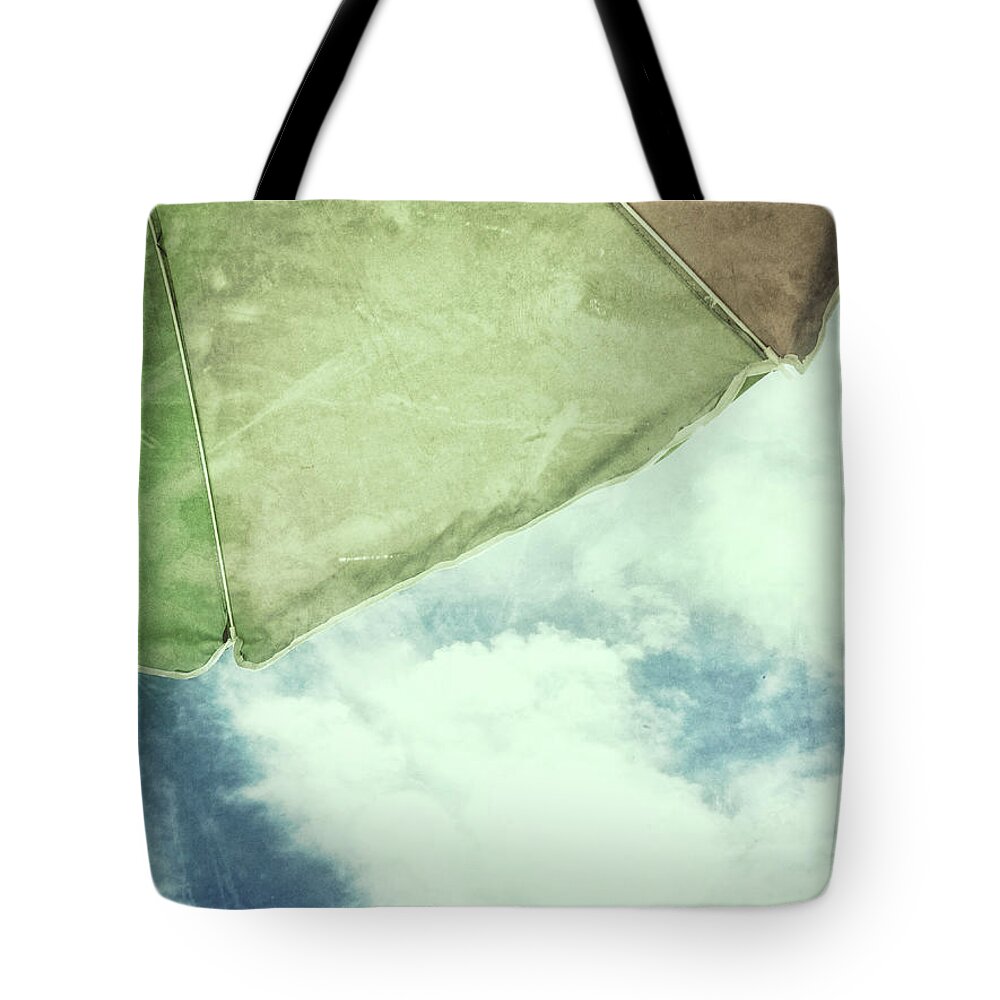 I Love Summer Tote Bag featuring the photograph Retro feel beach umbrella blue sky by Marianne Campolongo
