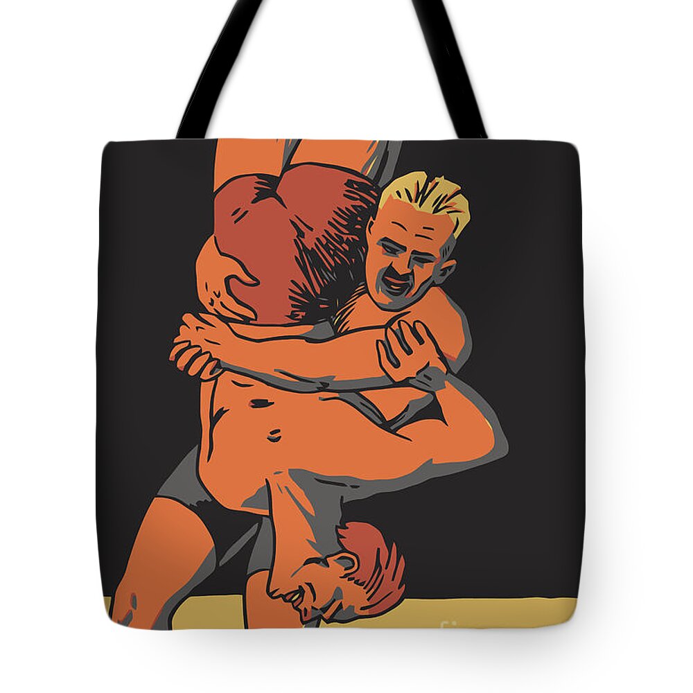  Retro Tote Bag featuring the drawing Retro freestyle Olympic wrestling by Heidi De Leeuw
