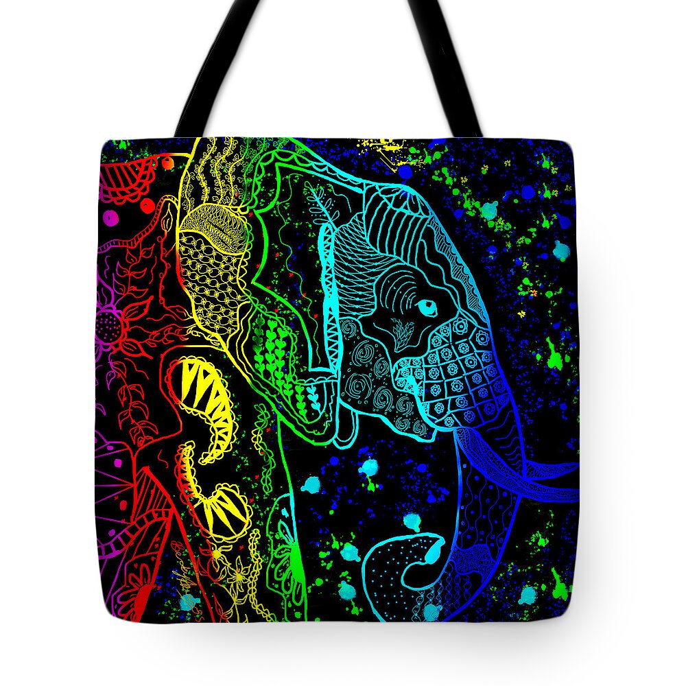 Zentangle Tote Bag featuring the painting Rainbow Zentangle Elephant with Black Background by Becky Herrera