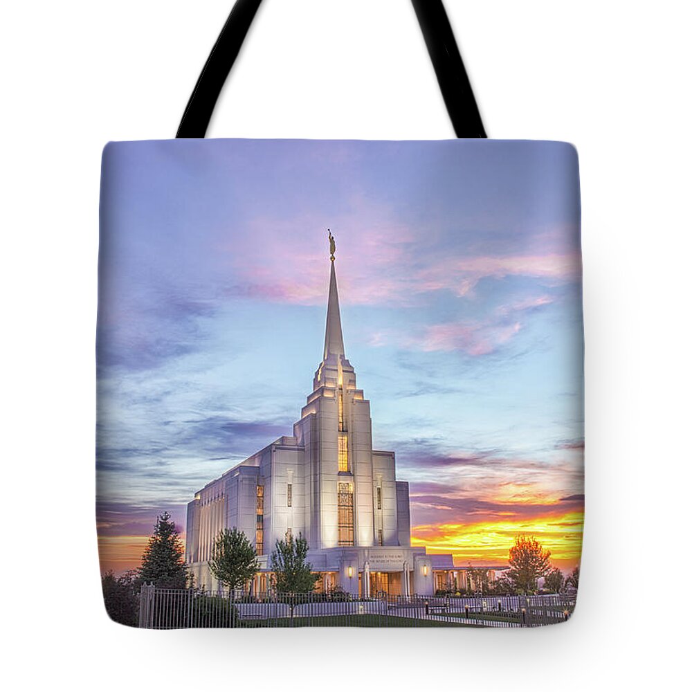 Cathedral Tote Bag featuring the photograph Rexburg Idaho Temple Summer Sunset by Bret Barton