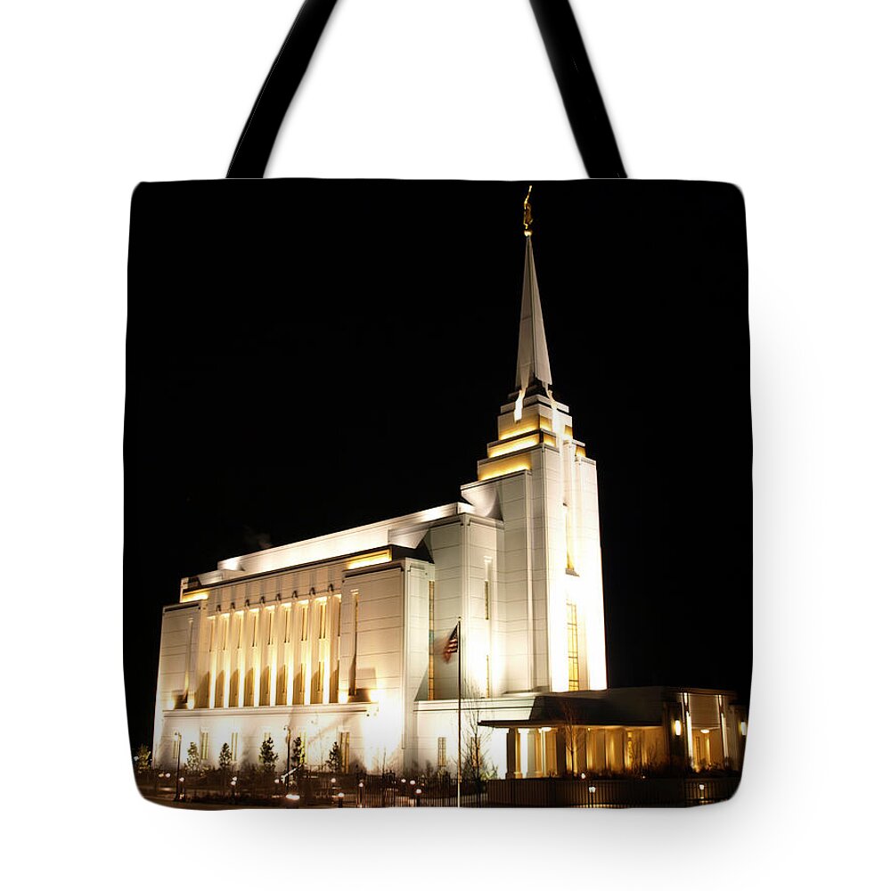 Lds Tote Bag featuring the photograph Rexburg Temple At Night by DeeLon Merritt