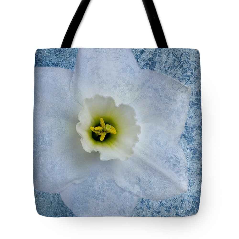 White Daffodil Flower Tote Bag featuring the photograph Sapphire Lace by Marina Kojukhova