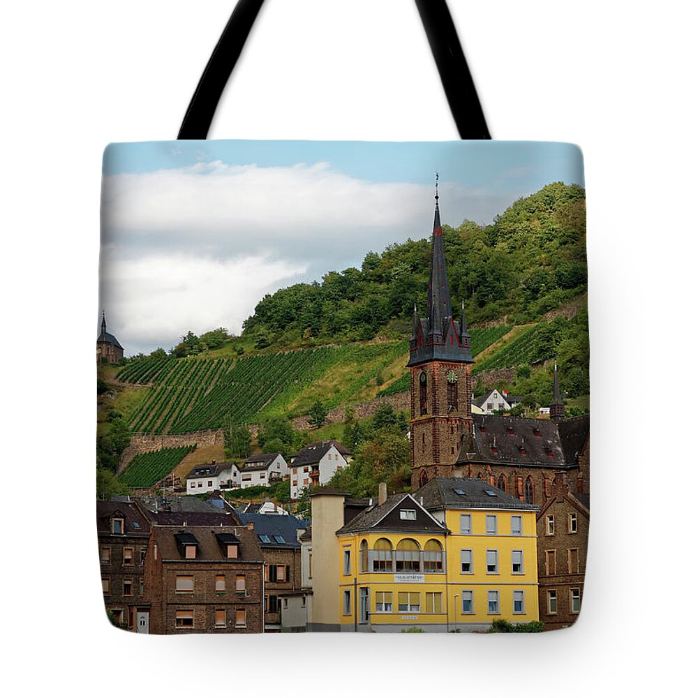 Riverside Village Tote Bag featuring the photograph Rhine River Village by Sally Weigand
