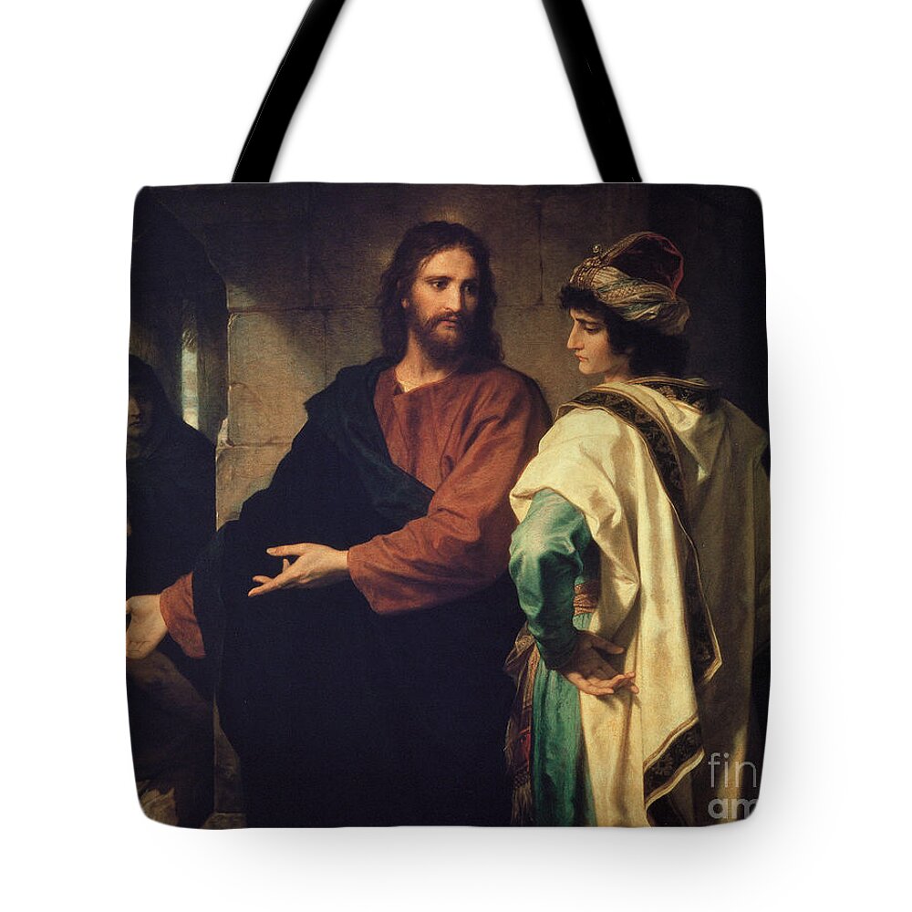 Christ And The Rich Young Ruler By Heinrich Hofmann Tote Bag featuring the painting Rich Young Ruler by Heinrich Hofmann by MotionAge Designs