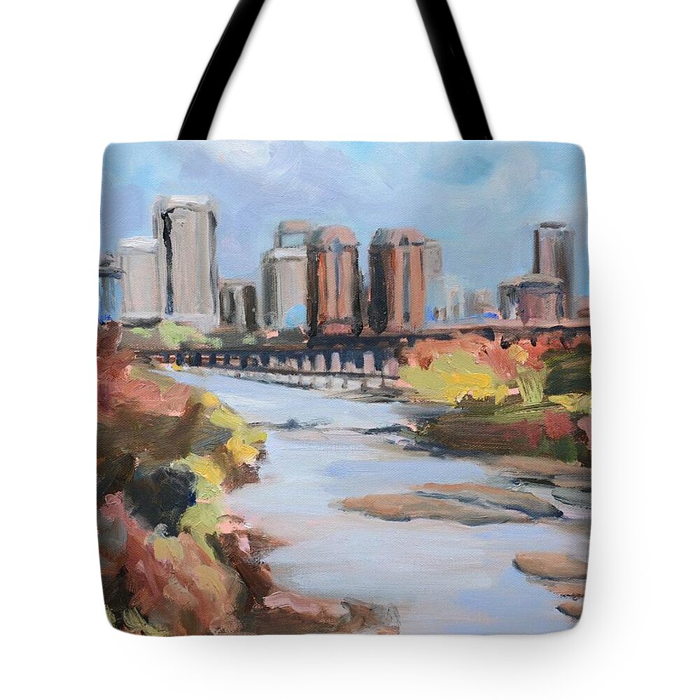 Richmond Tote Bag featuring the painting Richmond Virginia Skyline in Autumn by Donna Tuten