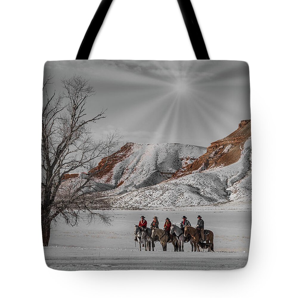 Hideout Tote Bag featuring the photograph Riders and horses by Roni Chastain