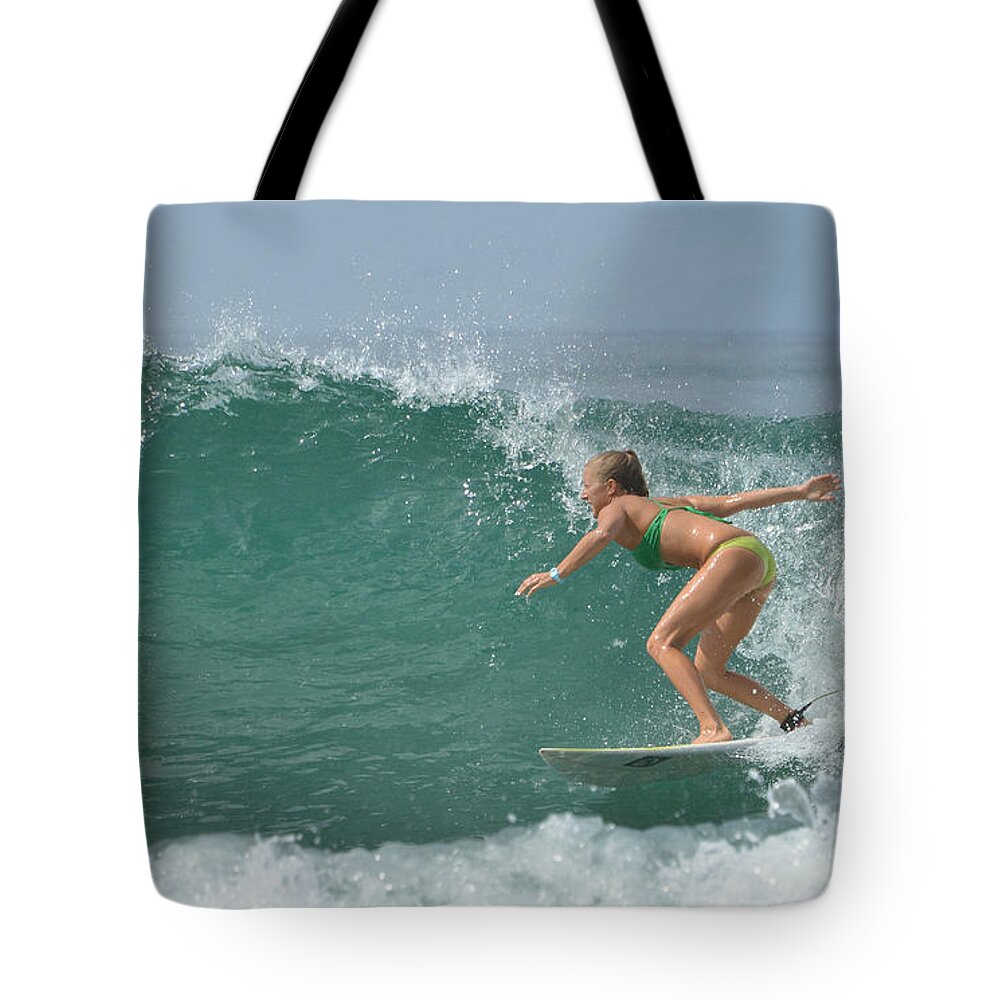 Surfer Tote Bag featuring the photograph Riding It In 3 by Fraida Gutovich