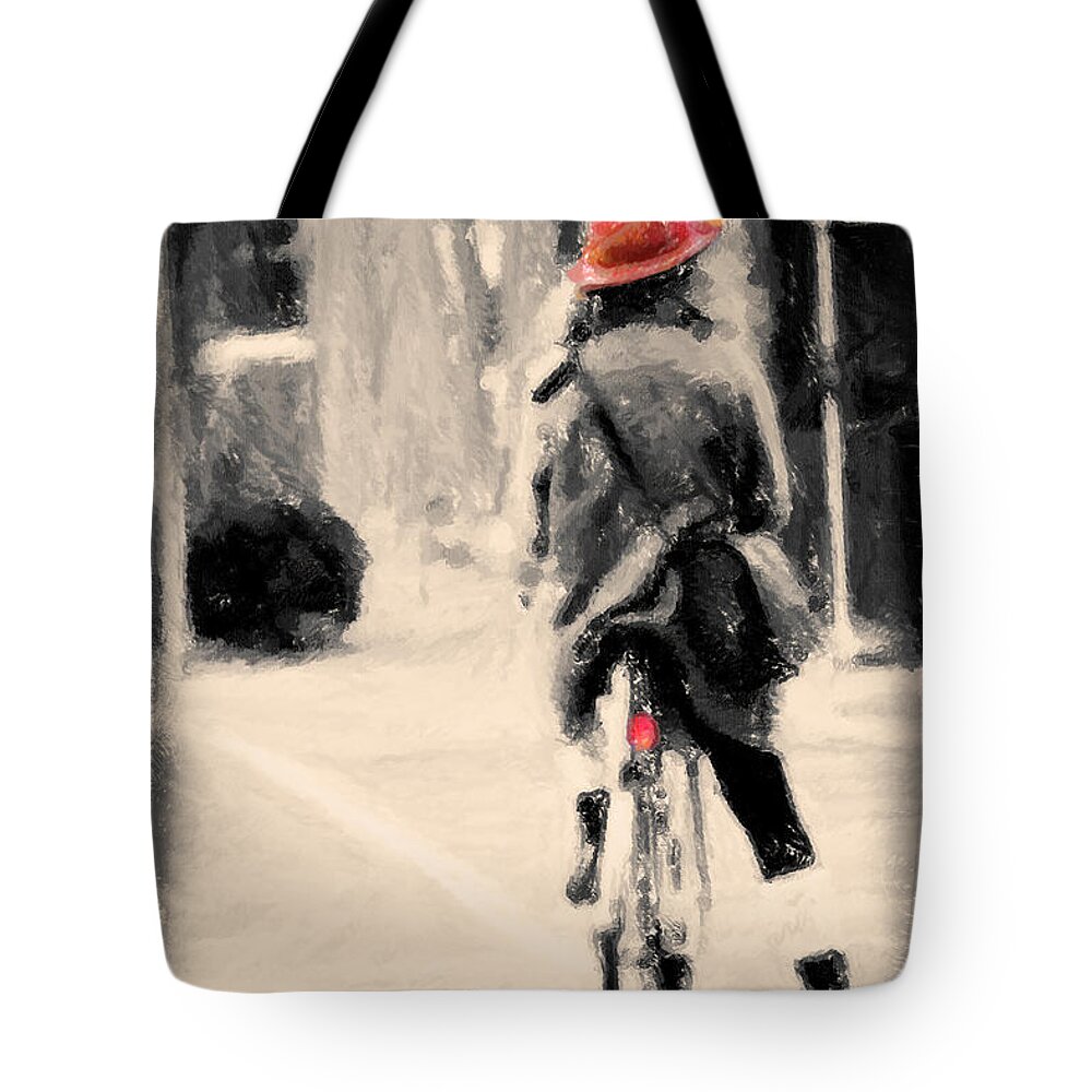 Vintage Tote Bag featuring the painting Riding my Bicycle in a Red Hat by Chris Armytage
