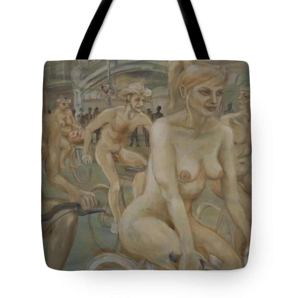Nude In Motion Tote Bag featuring the painting Riding passed Burlington Arcade in June by Peregrine Roskilly