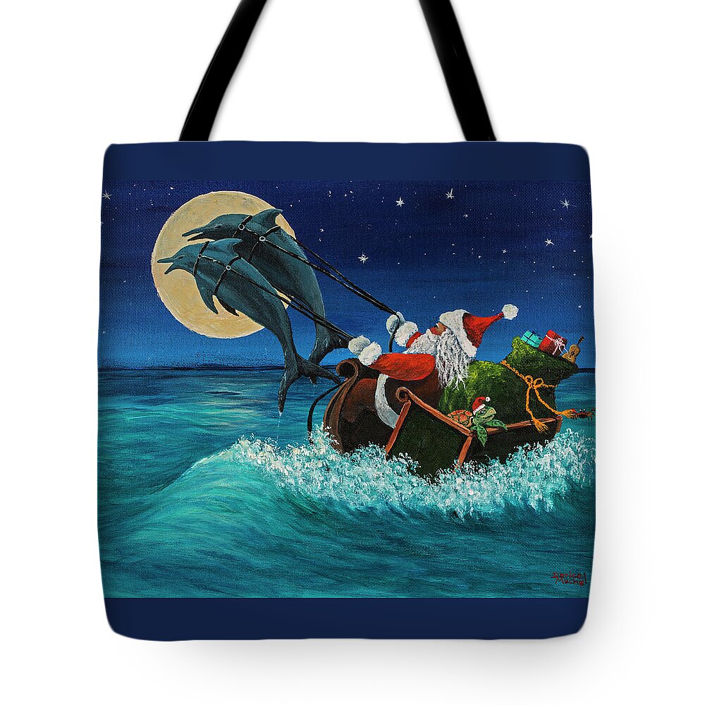 Santa Tote Bag featuring the painting Riding The Waves With Santa by Darice Machel McGuire