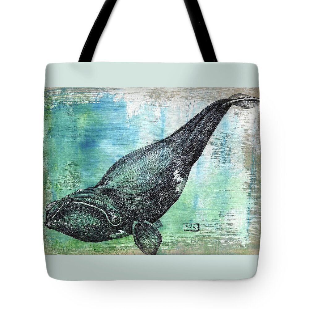 Right Whale Tote Bag featuring the mixed media Right Whale by AnneMarie Welsh