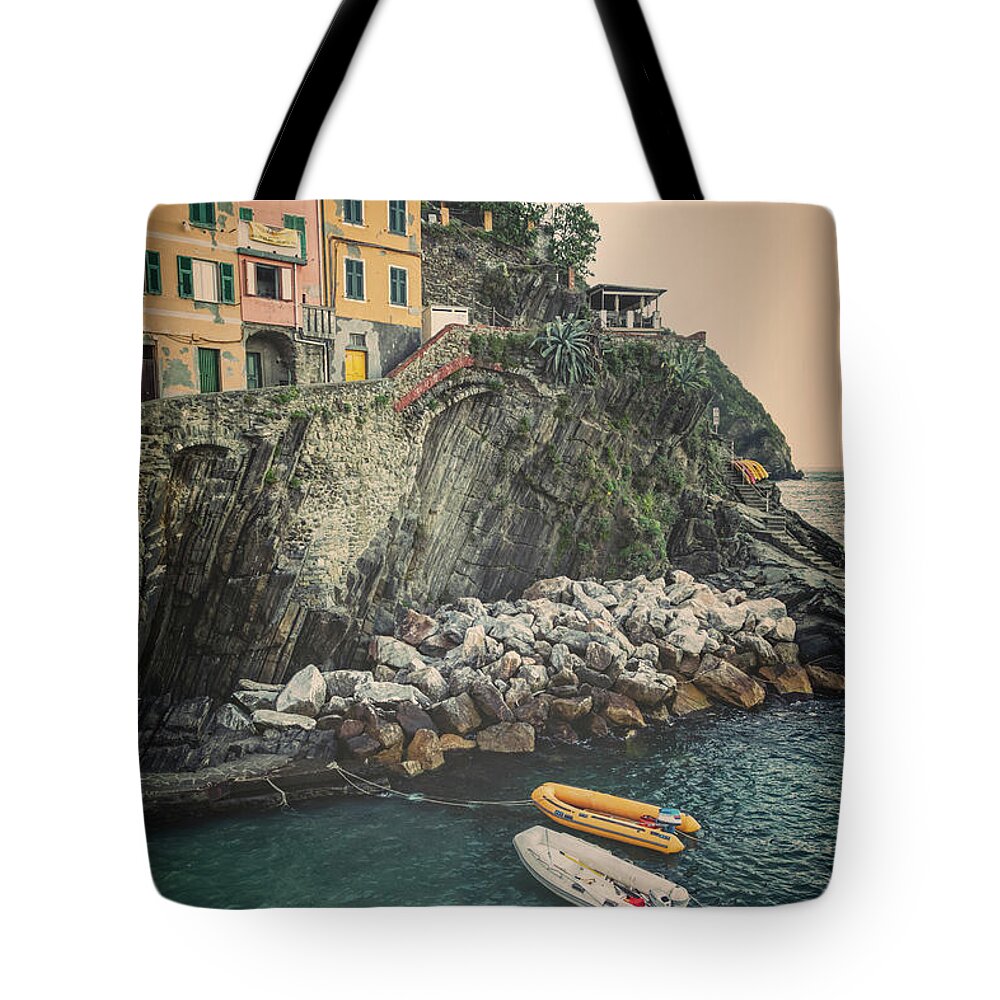 Joan Carroll Tote Bag featuring the photograph Riomaggiore Cinque Terre Italy Morning vintage by Joan Carroll