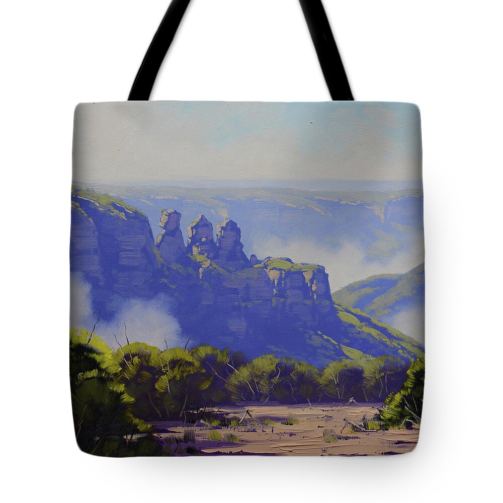 The Three Sisters Tote Bag featuring the painting Rising Mist Three Sisters Australia by Graham Gercken