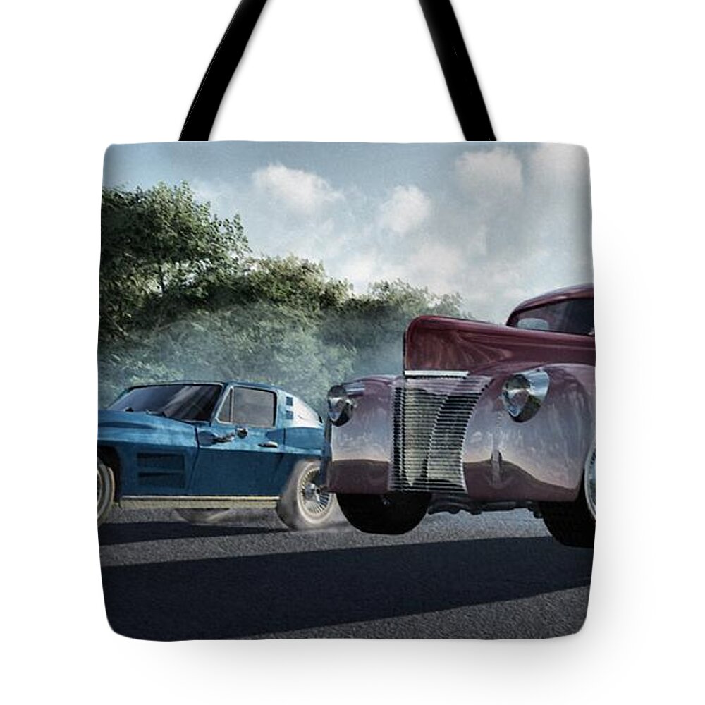 Racing Tote Bag featuring the digital art Rivals by Richard Rizzo