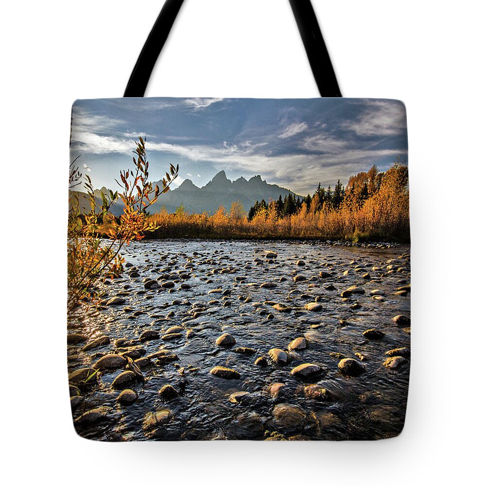 Grand Tetons Tote Bag featuring the photograph River in the Tetons by Wesley Aston