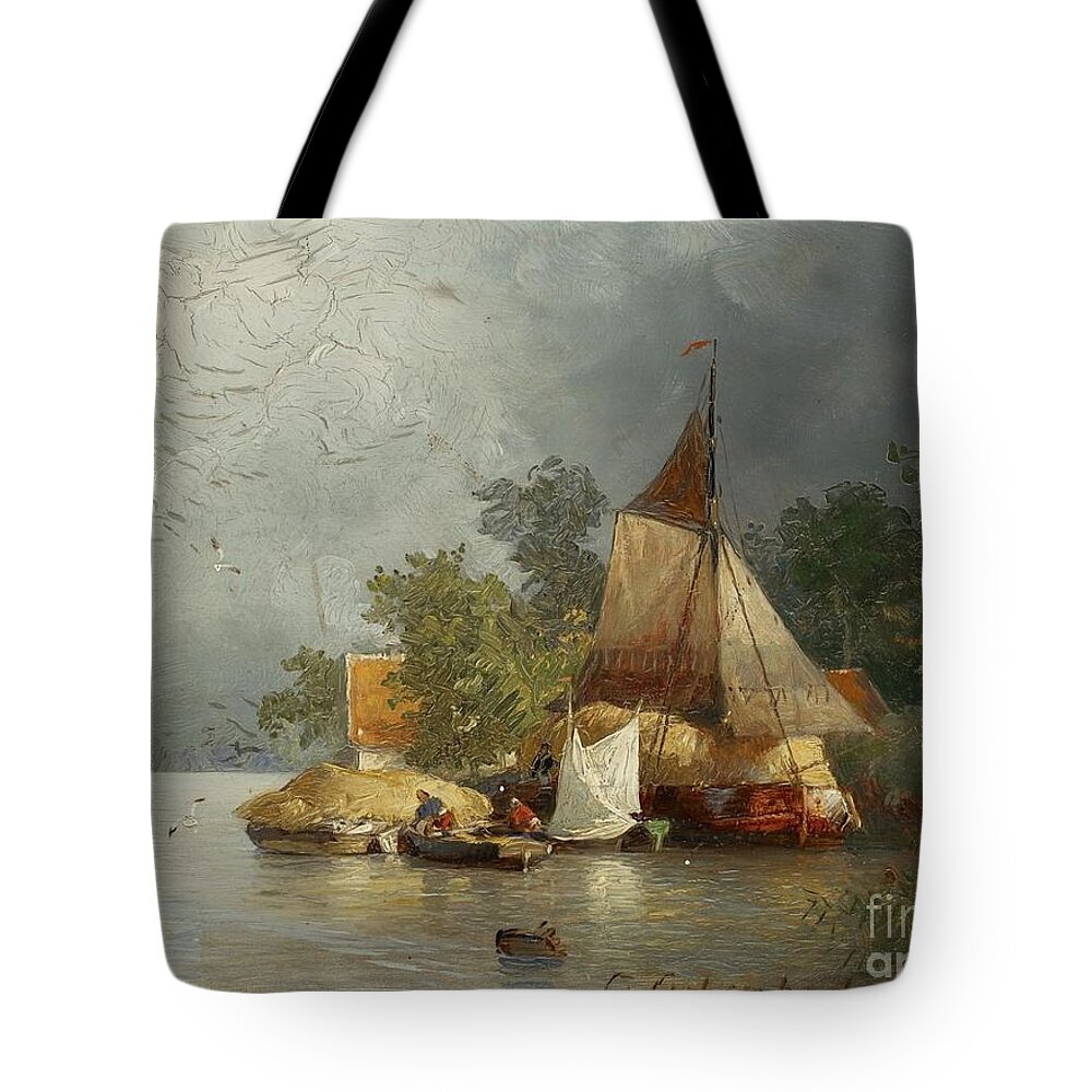 Andreas Achenbach Tote Bag featuring the painting River Landscape With Barges by MotionAge Designs