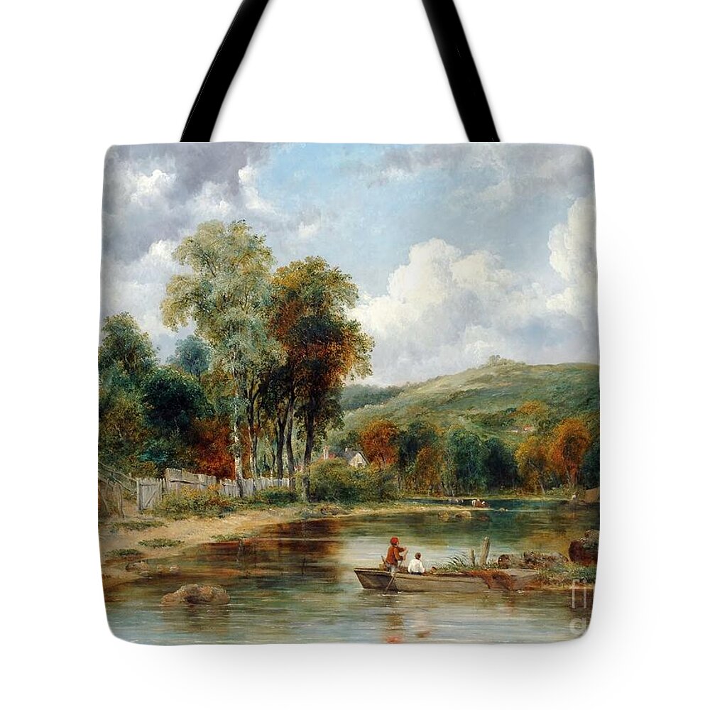 Frederick Waters Watts - River Landscape With Two Boys In A Boat Fishing Tote Bag featuring the painting River Landscape with Two Boys by MotionAge Designs