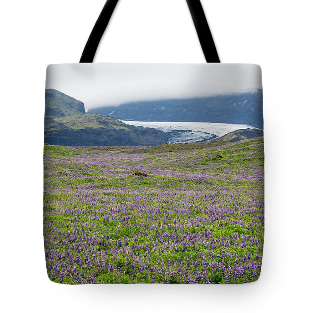 Europe Tote Bag featuring the photograph River of ice and river of purple flowers by Agnes Caruso