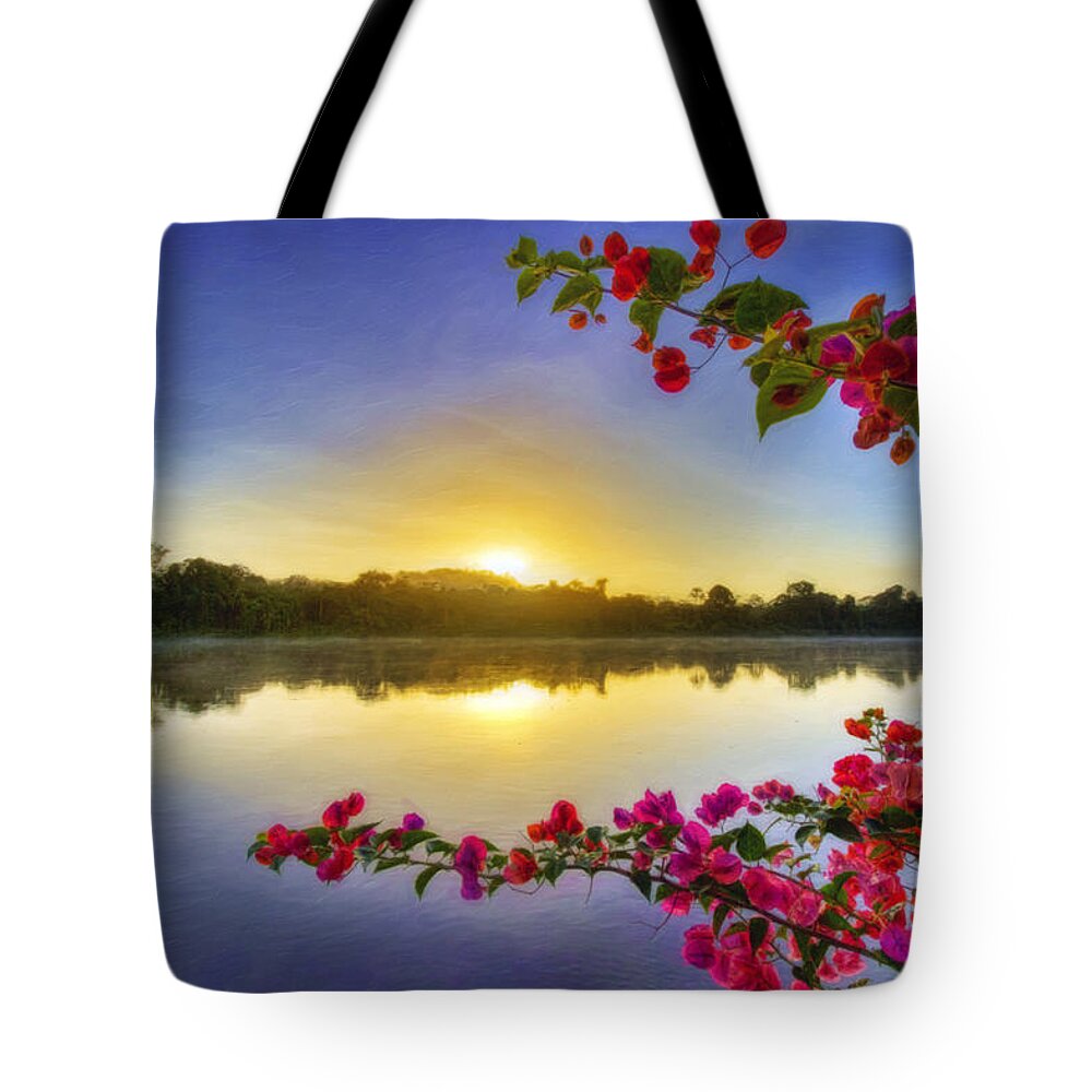 Suriname Tote Bag featuring the photograph River Sunrise by Nadia Sanowar