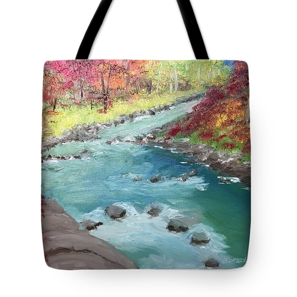 River Tote Bag featuring the painting River Through Woods by David Bartsch