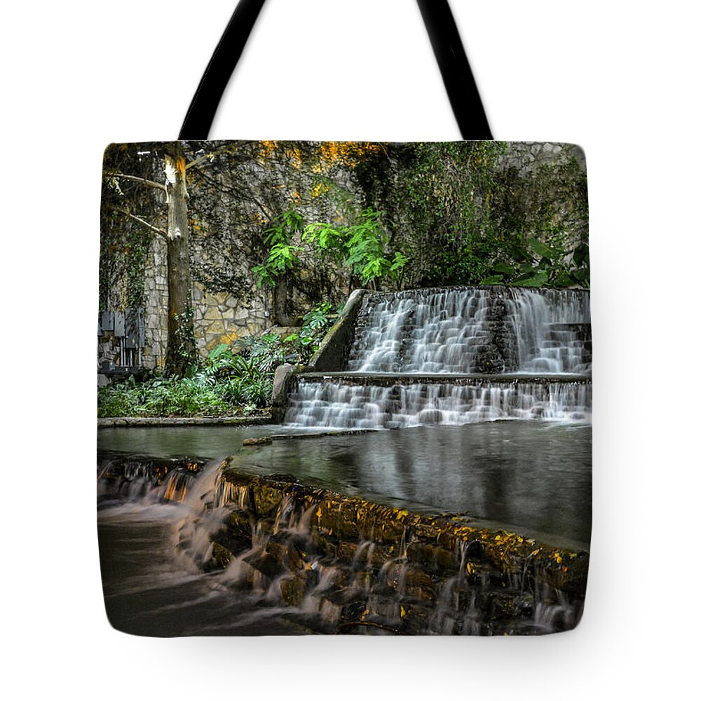 Tx Tote Bag featuring the photograph Riverwalk Waterfall by David Meznarich