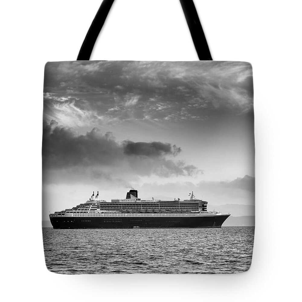 Ocean Liner Tote Bag featuring the photograph RMS Queen Mary 2 mono by Grant Glendinning