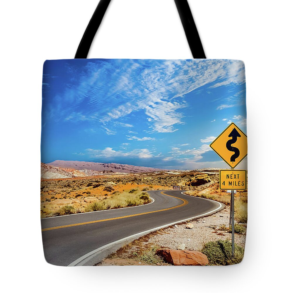 Vegas Tote Bag featuring the photograph Road Sign for Curves in Desert by Darryl Brooks