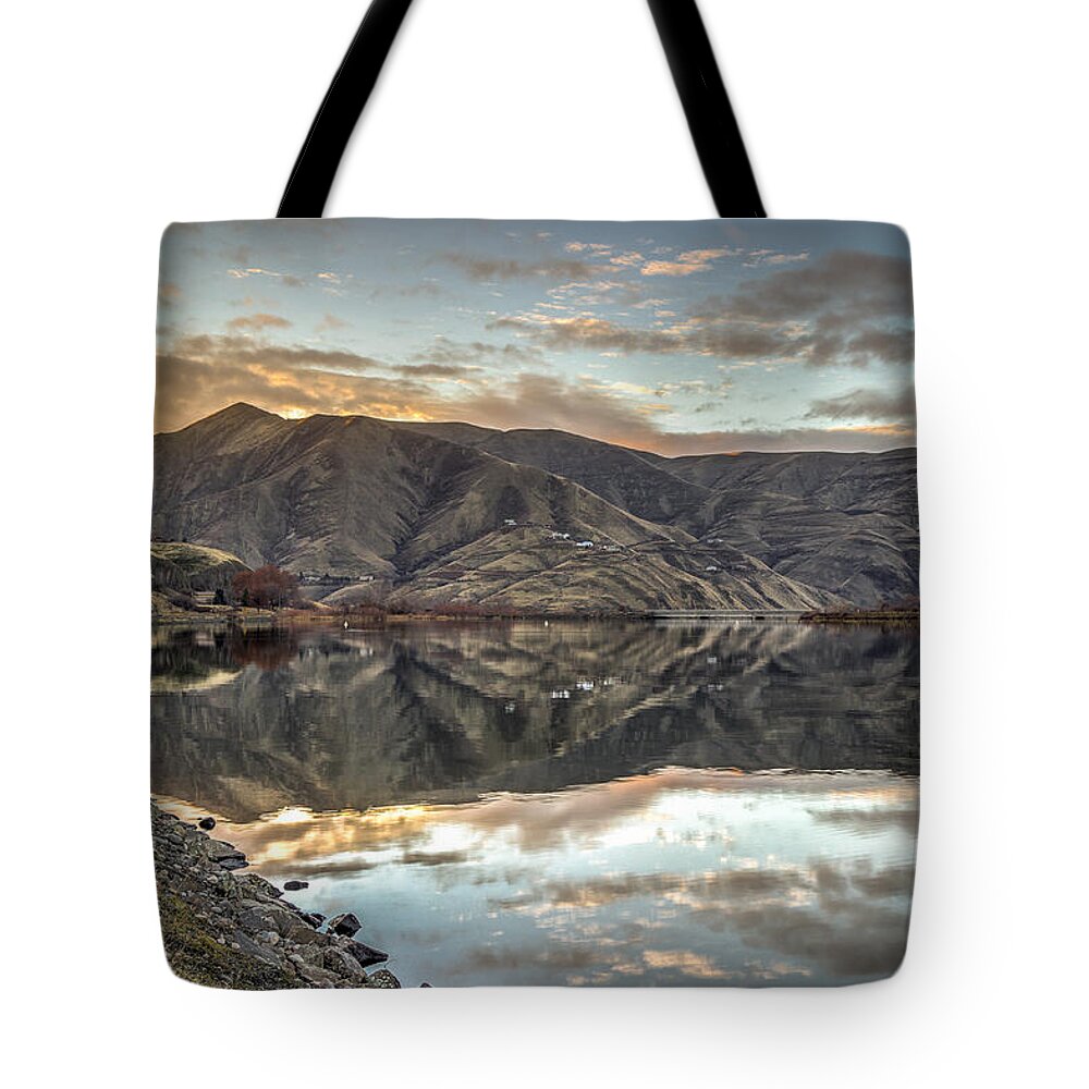 Lewiston Idaho Clarkston Washington Id Wa Lewis Clark Lc Valley Landscape River Clearwater Chief Timothy State Park Reflection Sunset Tote Bag featuring the photograph Road to Chief Timothy by Brad Stinson