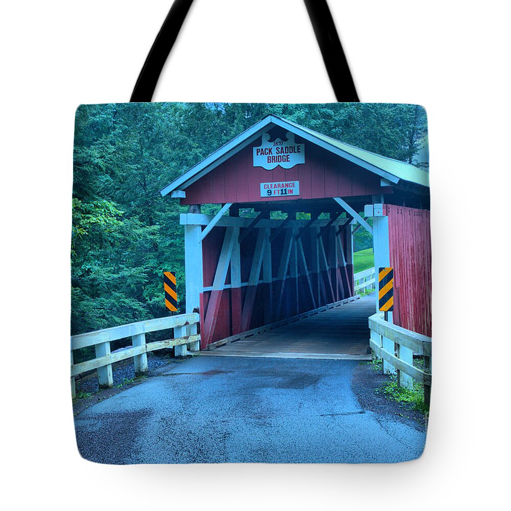 Packsaddle Covered Bridge Tote Bag featuring the photograph Road To The Packsaddle Covered Bridge by Adam Jewell