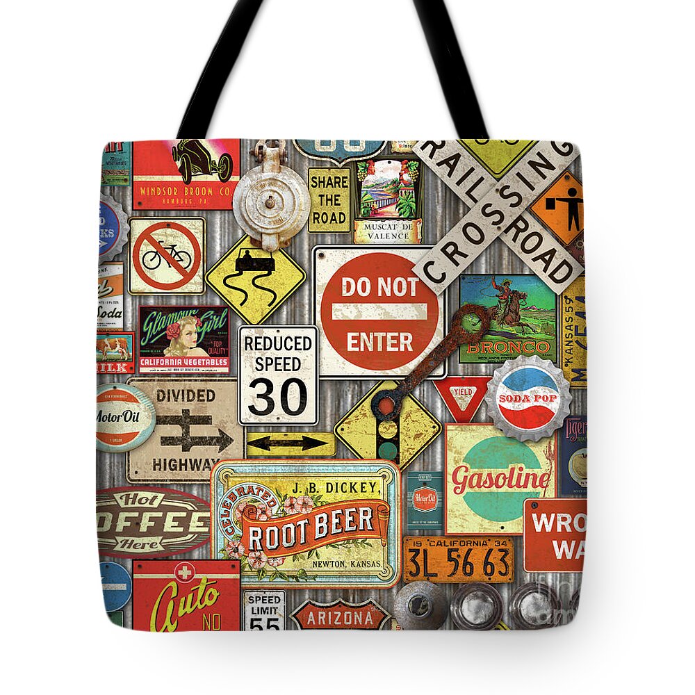 Route 66 Tote Bag featuring the painting Roads Signs on Steel-JP3959 by Jean Plout