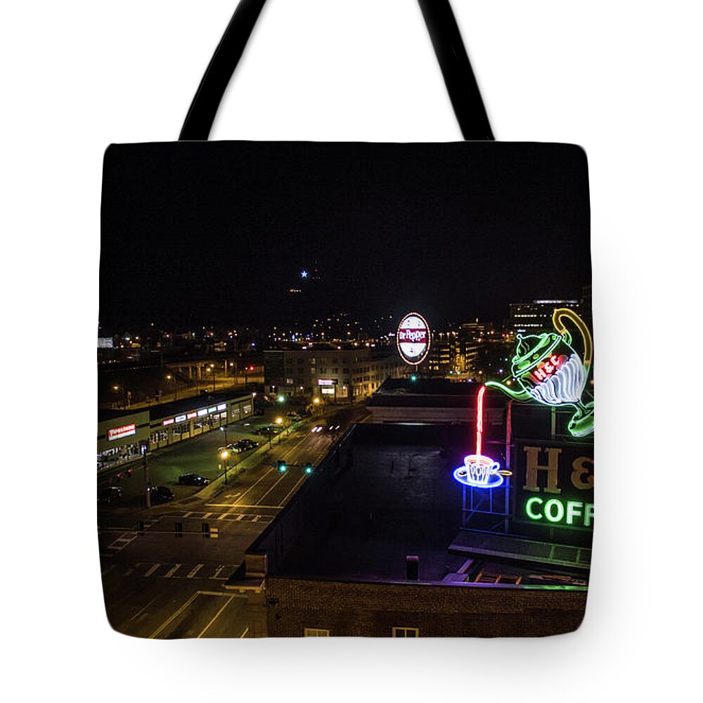 Roanoke Tote Bag featuring the photograph Roanoke Neon by Star City SkyCams