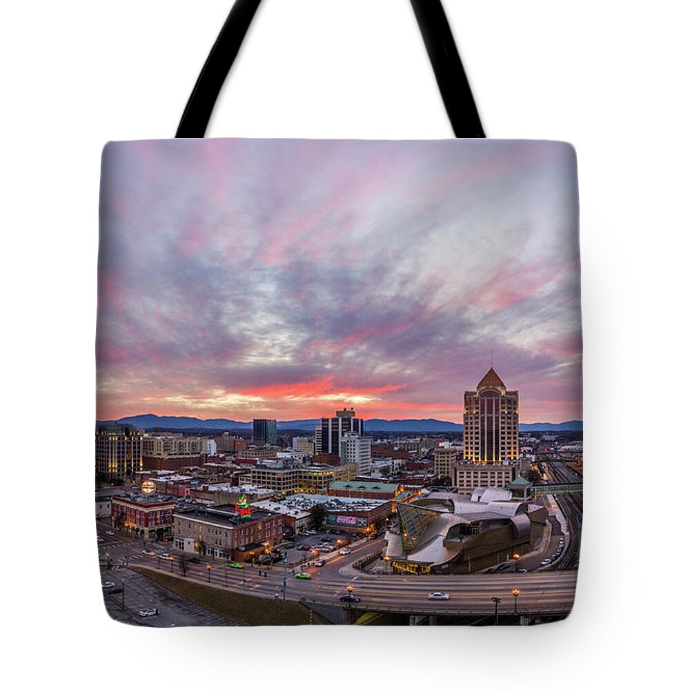 Roanoke Tote Bag featuring the photograph Roanoke Sunset Panoramic by Star City SkyCams