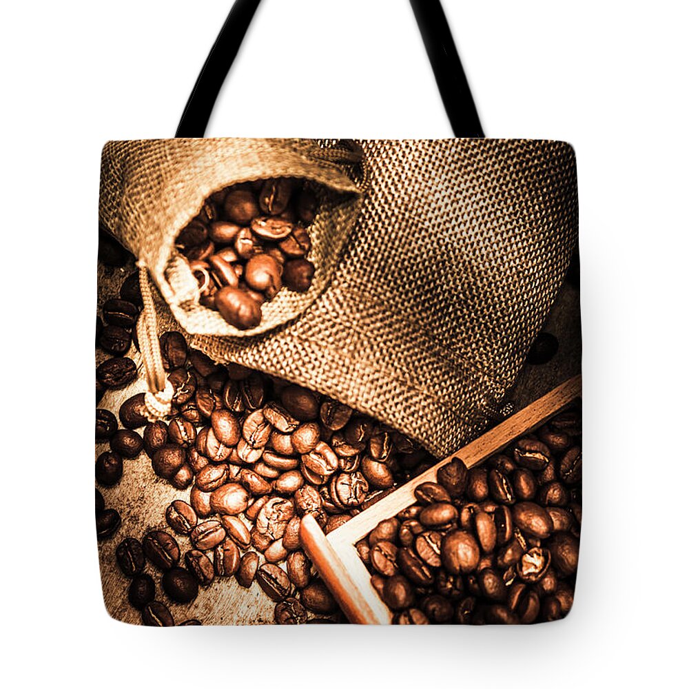 Country Tote Bag featuring the photograph Roasted Coffee Beans In Drawer And Bags On Table by Jorgo Photography