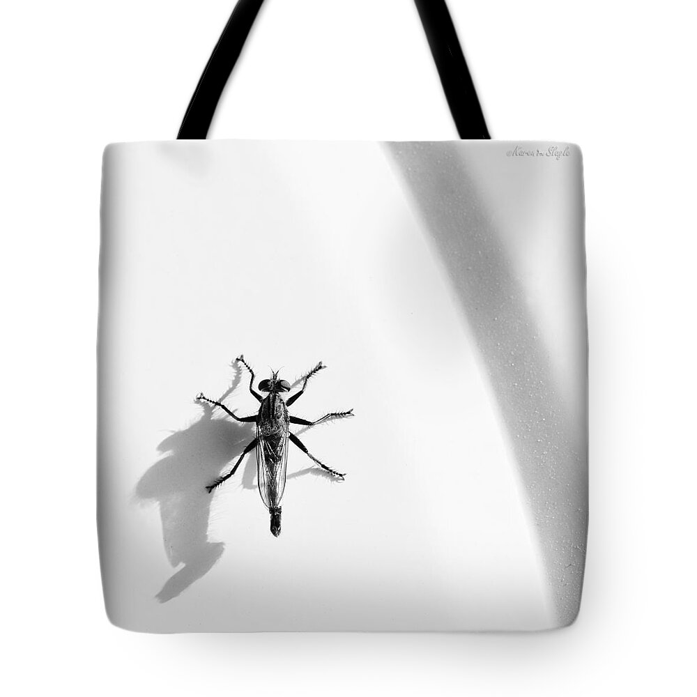 Minimalism Tote Bag featuring the photograph Robber Fly on Lawn Chair by Karen Slagle