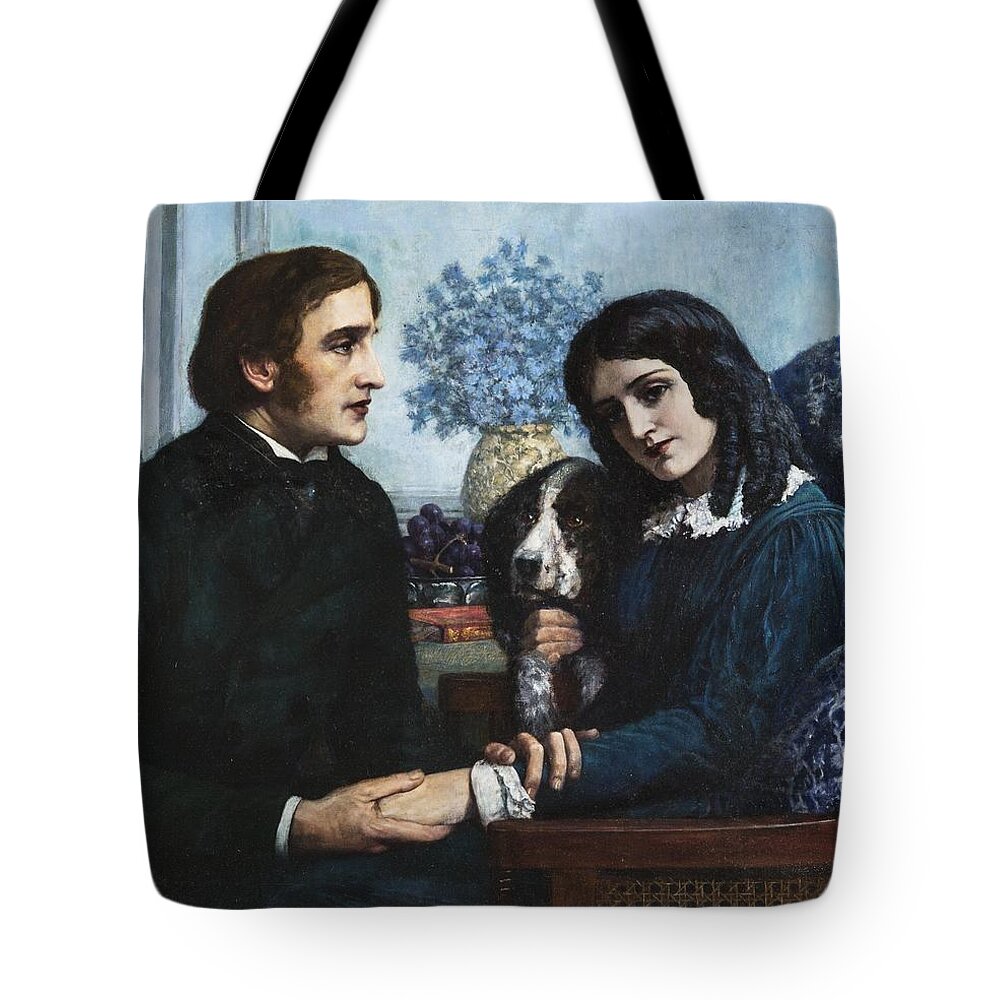 Herbert Gustave Carmichael Schmalz (british 1856-1935) Tote Bag featuring the painting Robert Browning visits Elizabeth Barrett at 50 Wimpole Street by Celestial Images
