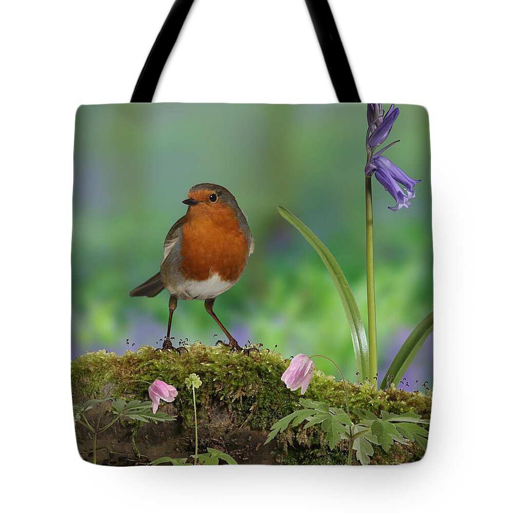 Wood Anemone Tote Bag featuring the photograph Robin in spring wood by Warren Photographic