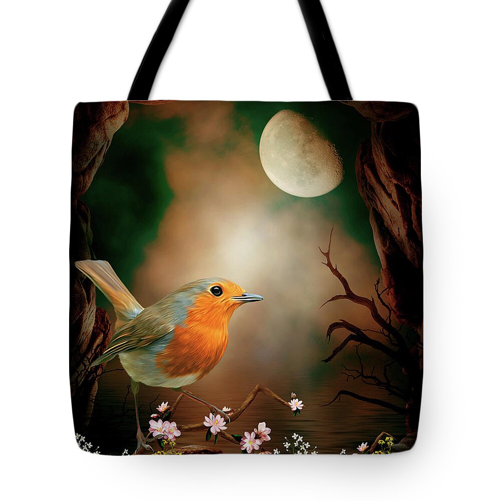 Robin In The Moonlight Tote Bag featuring the digital art Robin in the moonlight by John Junek