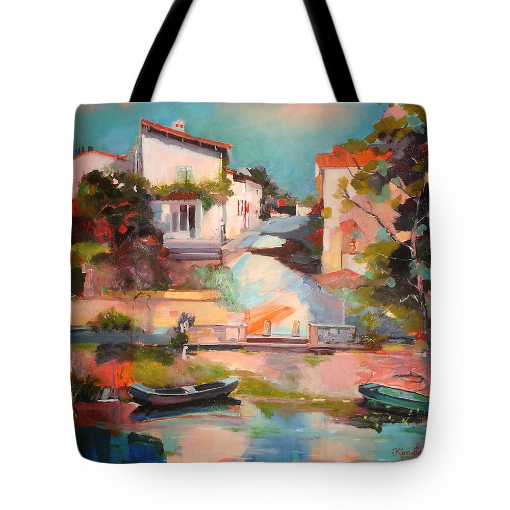  Tote Bag featuring the painting Roc Street at Magne by Kim PARDON