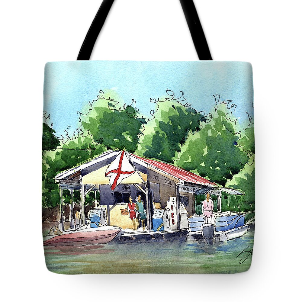  Line And Wash Tote Bag featuring the painting Rock Creek Marina by Scott Brown