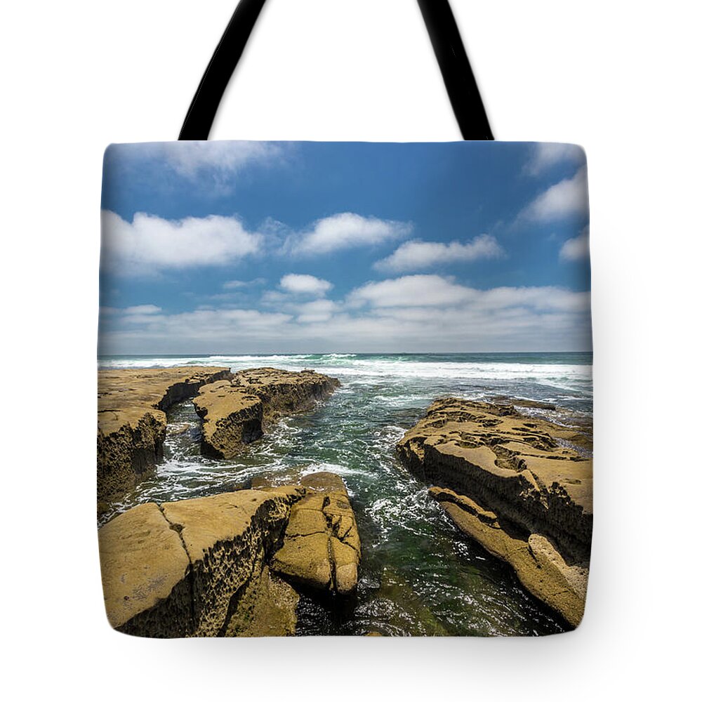 Beach Tote Bag featuring the photograph Rocks and Puffies by Peter Tellone