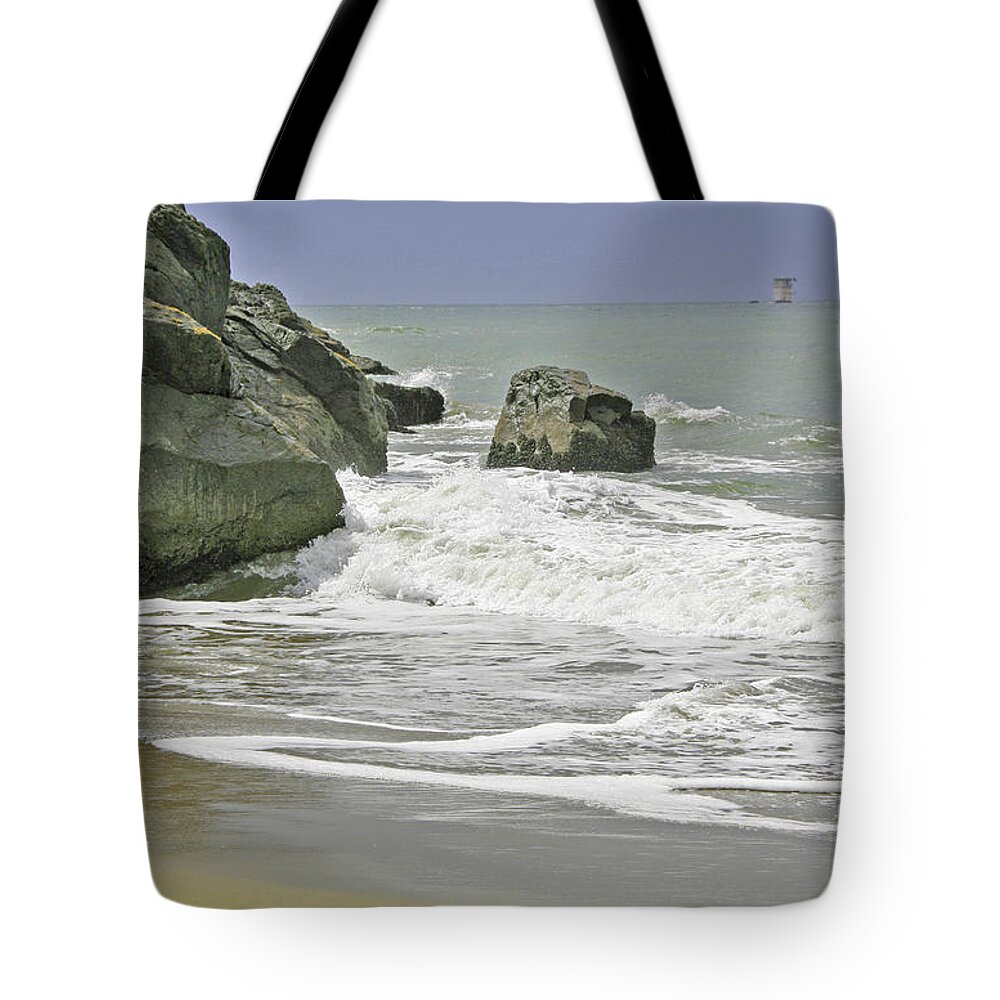 Landscape Tote Bag featuring the photograph Rocks, Sand and Surf by Joyce Creswell