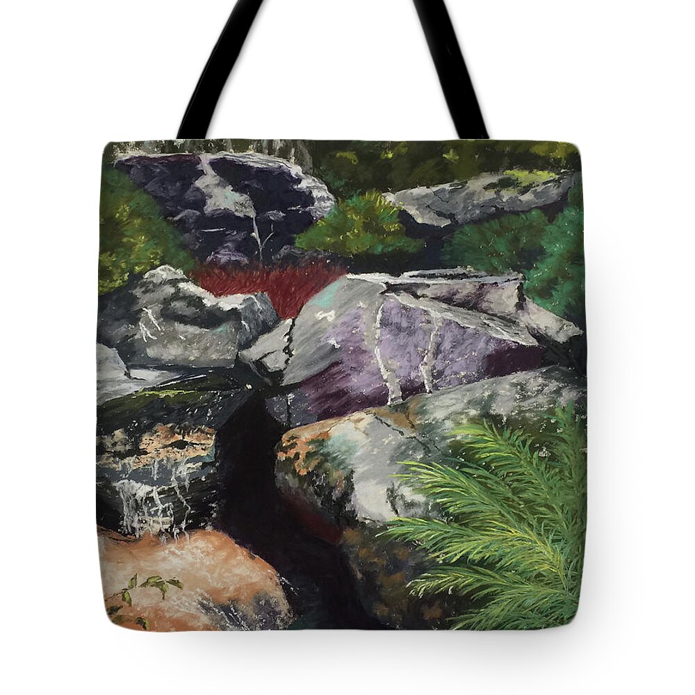 Rocky Creek Tote Bag featuring the pastel Rocky Creek by Gerry Delongchamp
