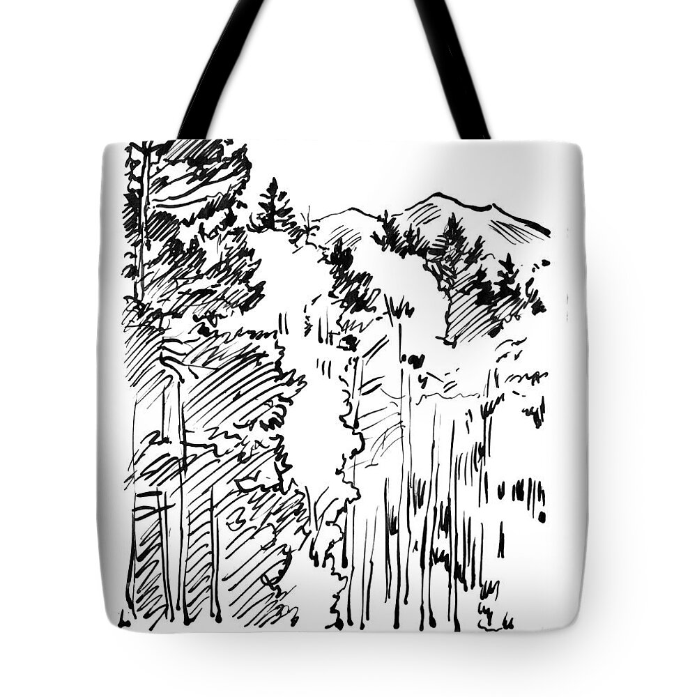 Ink Sketch Tote Bag featuring the drawing Rocky Mountain Sketch by John Lautermilch