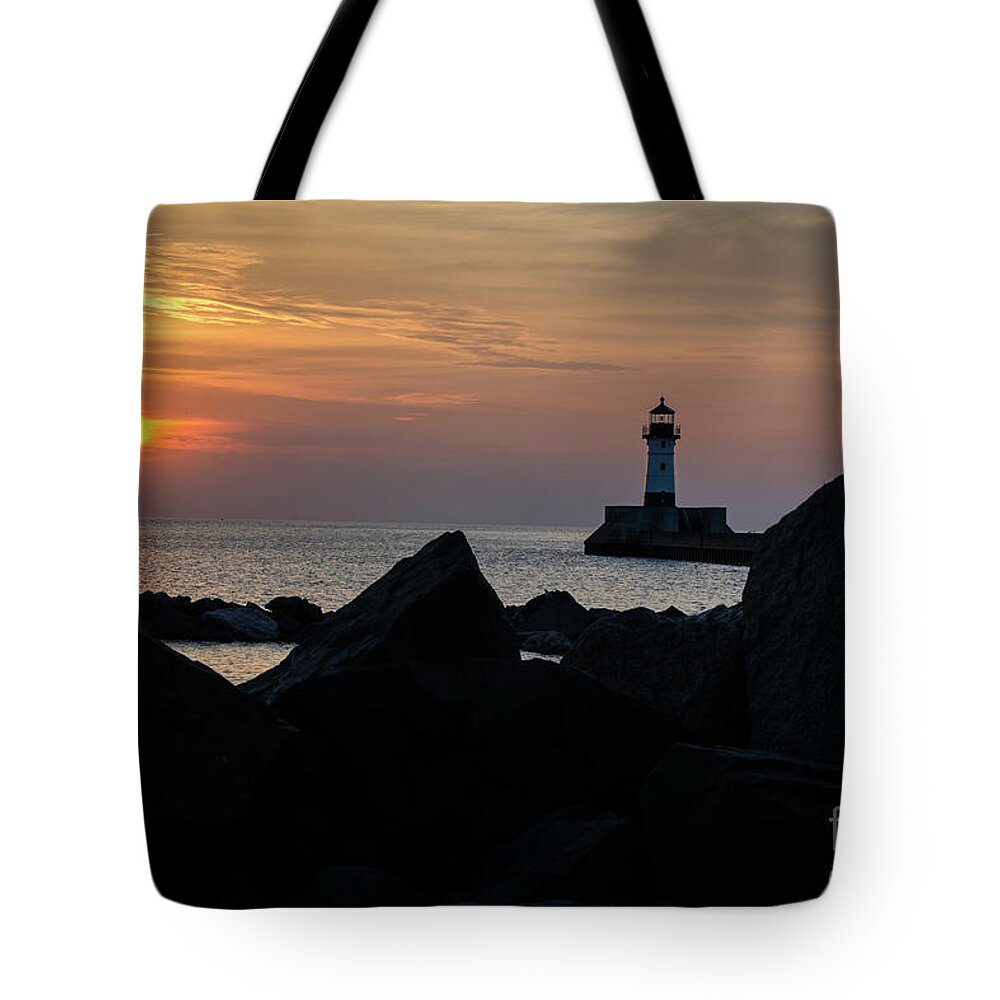 Lake Superior Tote Bag featuring the photograph Rocky Sunrise by Deborah Klubertanz